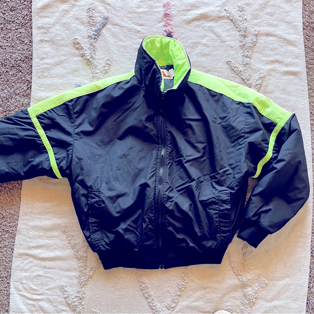 Vintage Comfy Casuals Made in USA Black Neon Green Puffer Jacket mens medium M
